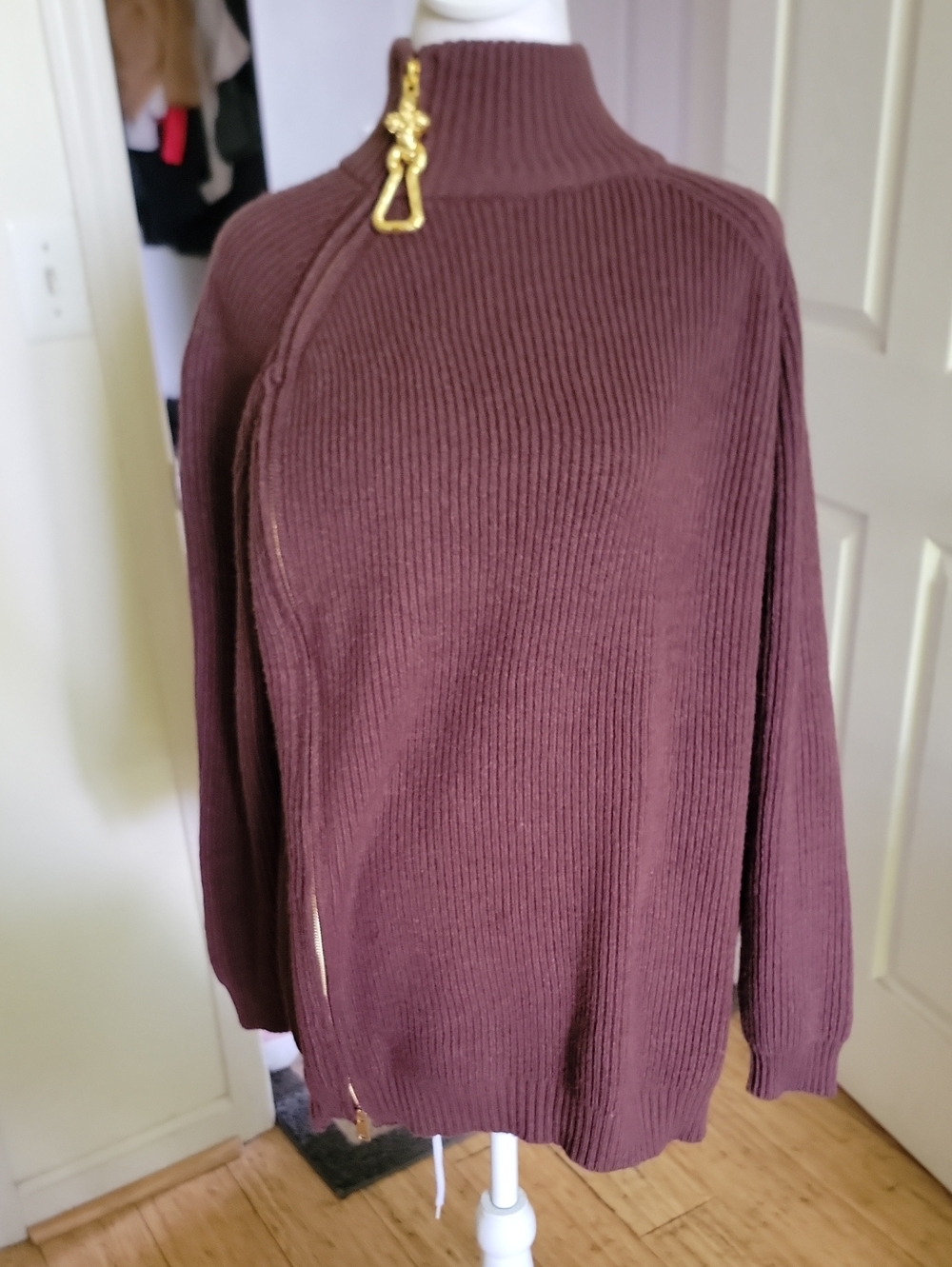 Brown High-Neck Ribbed  Sweater with Zip Detail